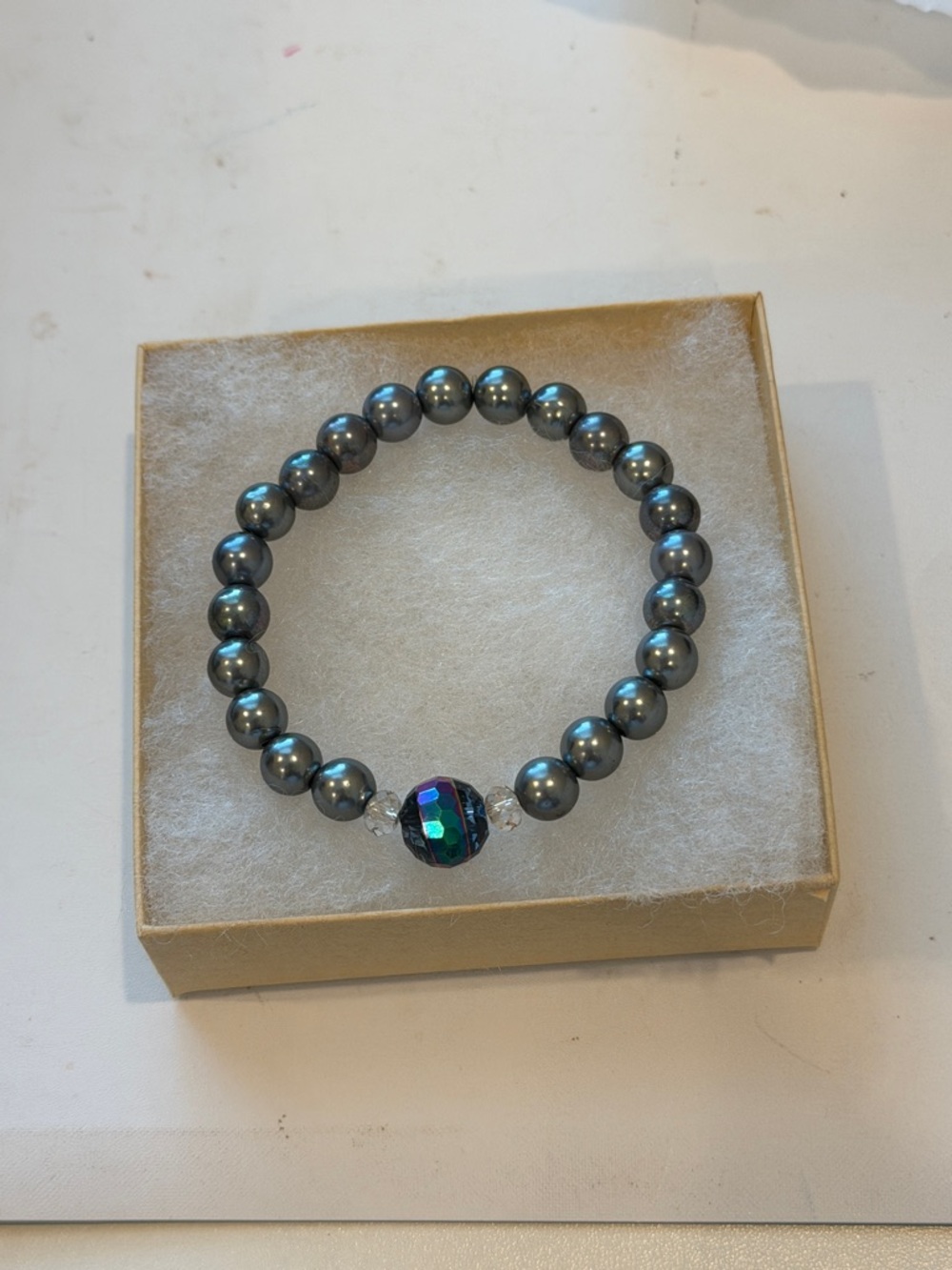 Handmade Silver Tone Bead Bracelet Rainbow Glass Stretch Sparkle